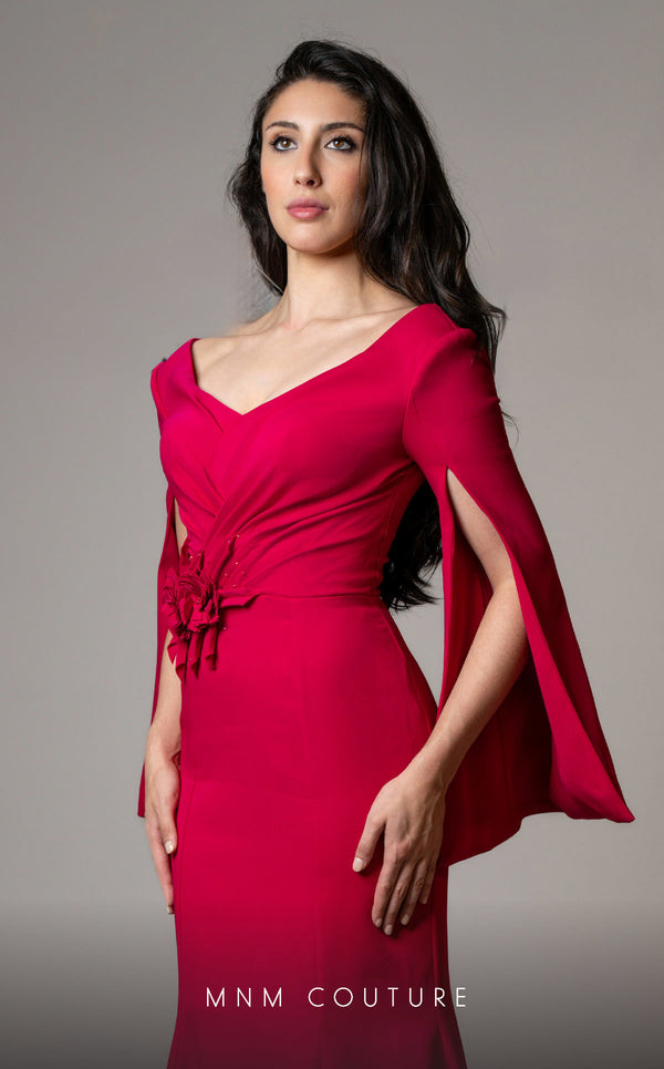MNM Couture V02044 trumpet gown with cloak sleeves and crystal beads. | Couture Shop LA