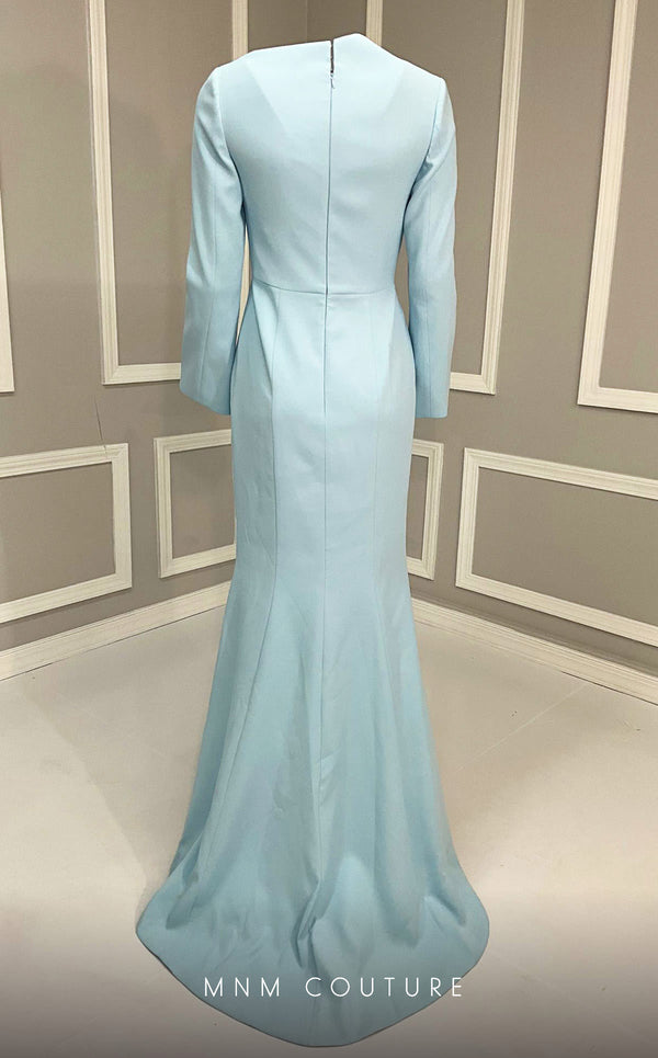 MNM Couture V02055 light blue rayon crepe column gown with train, asymmetric neckline, and rhinestones.| Couture Shop LA