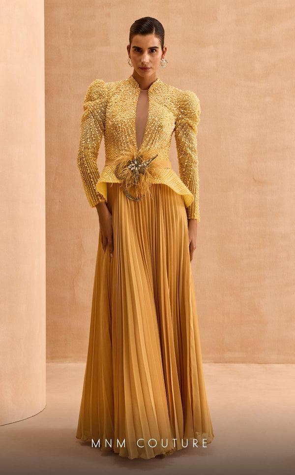MNM Couture V06941 Chiffon A-line gown with leg of mutton sleeves and rhinestones. | Couture Shop LA