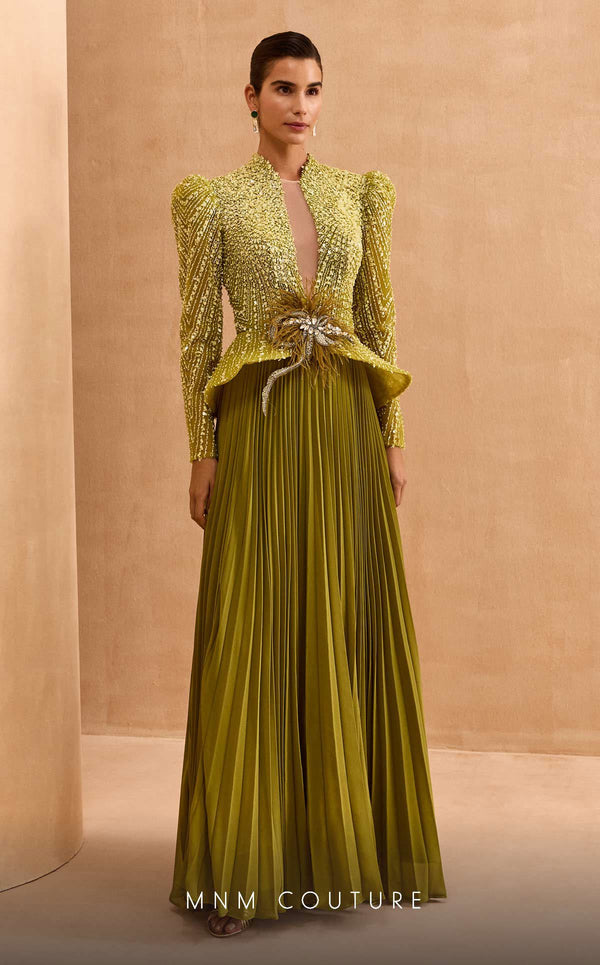 MNM Couture V06941 Chiffon A-line gown with leg of mutton sleeves and rhinestones. | Couture Shop LA