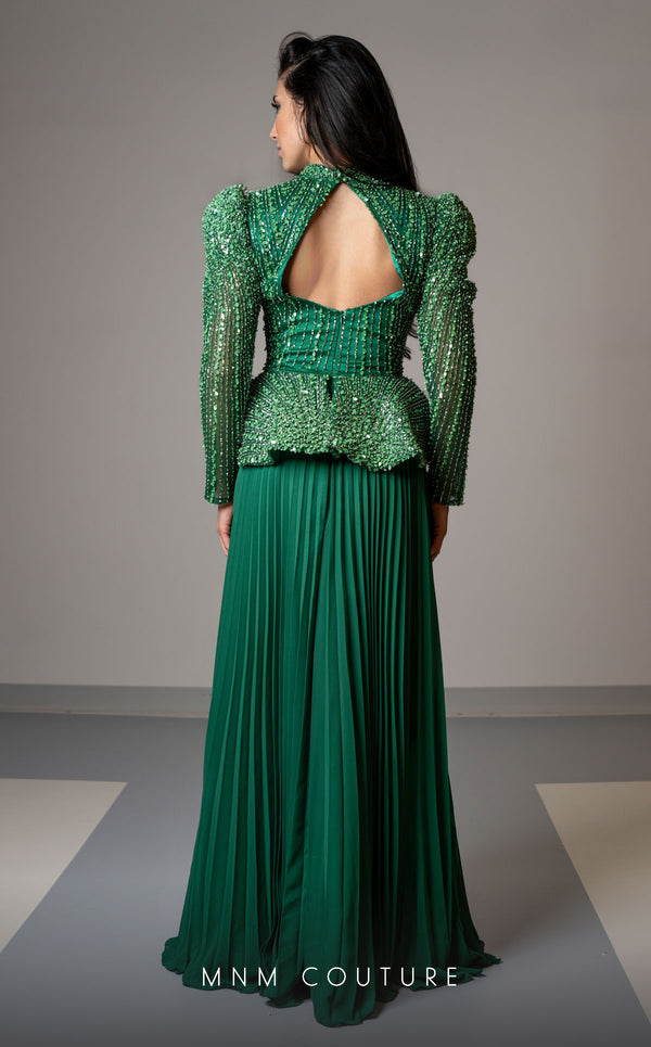 MNM Couture V06941 Chiffon A-line gown with leg of mutton sleeves and rhinestones. | Couture Shop LA