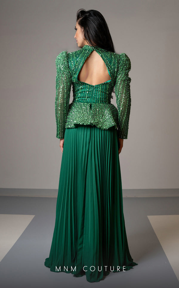 MNM Couture V06941 Chiffon A-line gown with leg of mutton sleeves and rhinestones. | Couture Shop LA