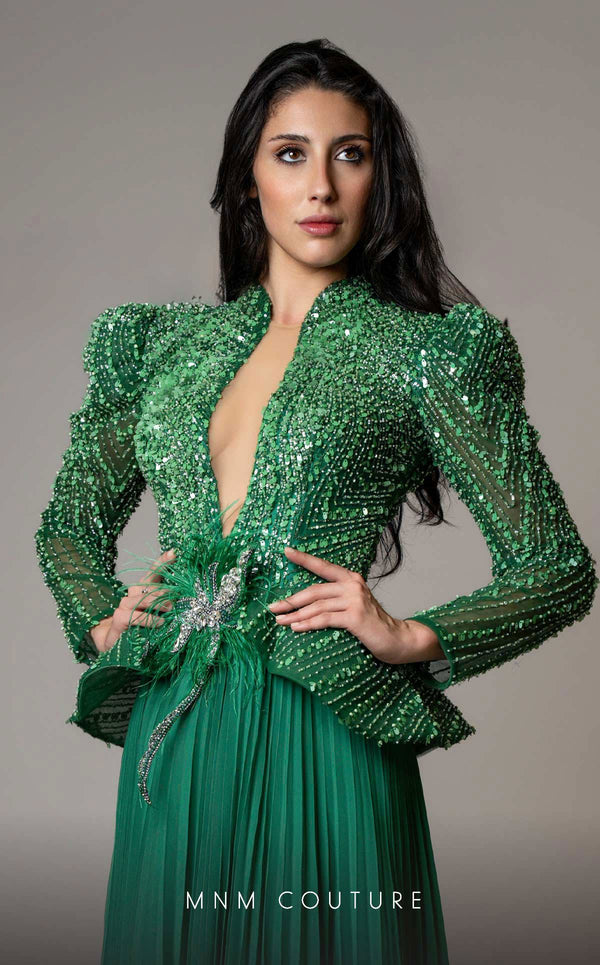 MNM Couture V06941 Chiffon A-line gown with leg of mutton sleeves and rhinestones. | Couture Shop LA
