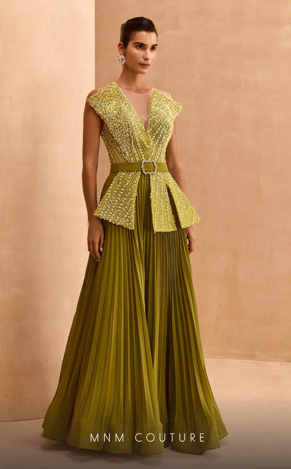 MNM Couture V07014 chiffon gown with illusion neckline and sequins along with a belt with rhinestones. | Couture Shop LA
