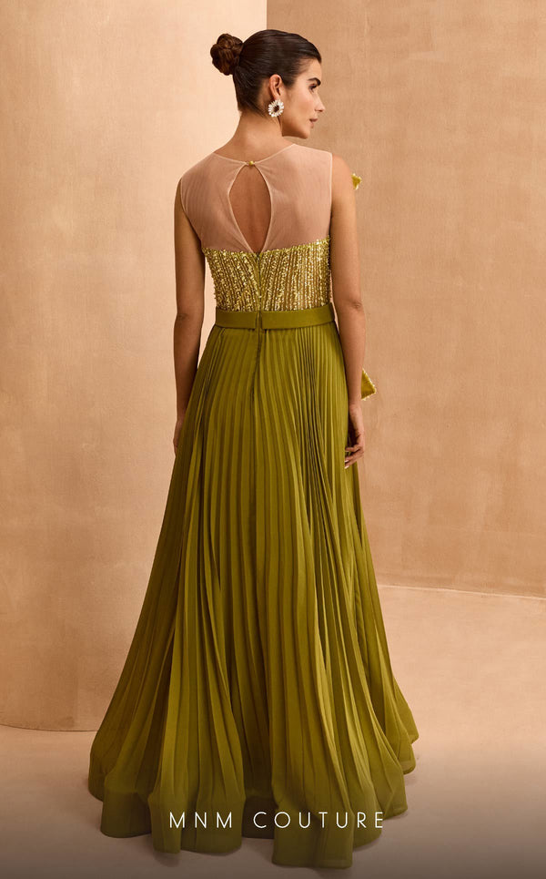 MNM Couture V07014 chiffon gown with illusion neckline and sequins along with a belt with rhinestones. | Couture Shop LA