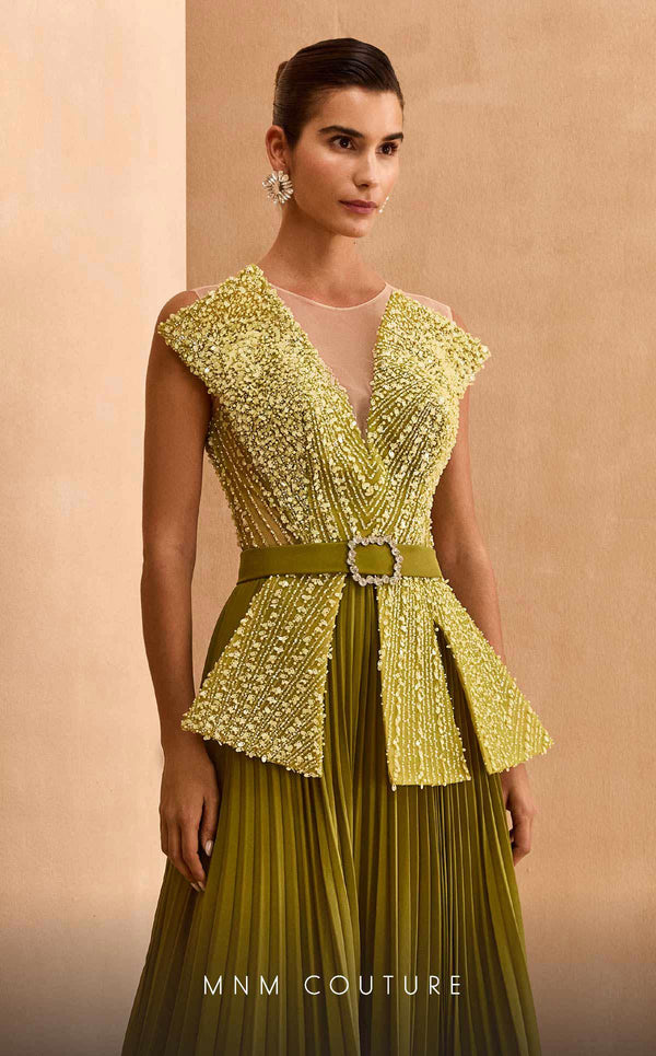 MNM Couture V07014 chiffon gown with illusion neckline and sequins along with a belt with rhinestones. | Couture Shop LA