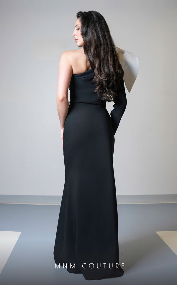 MNM Couture V07245 asymmetric gown with a long sleeve and bow detail. | Couture Shop LA