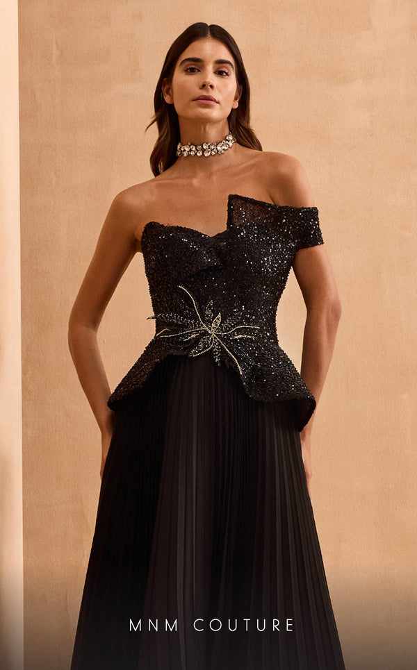 MNM Couture V07282 asymmetric one-shoulder gown with sequins and rhinestones. | Couture Shop LA