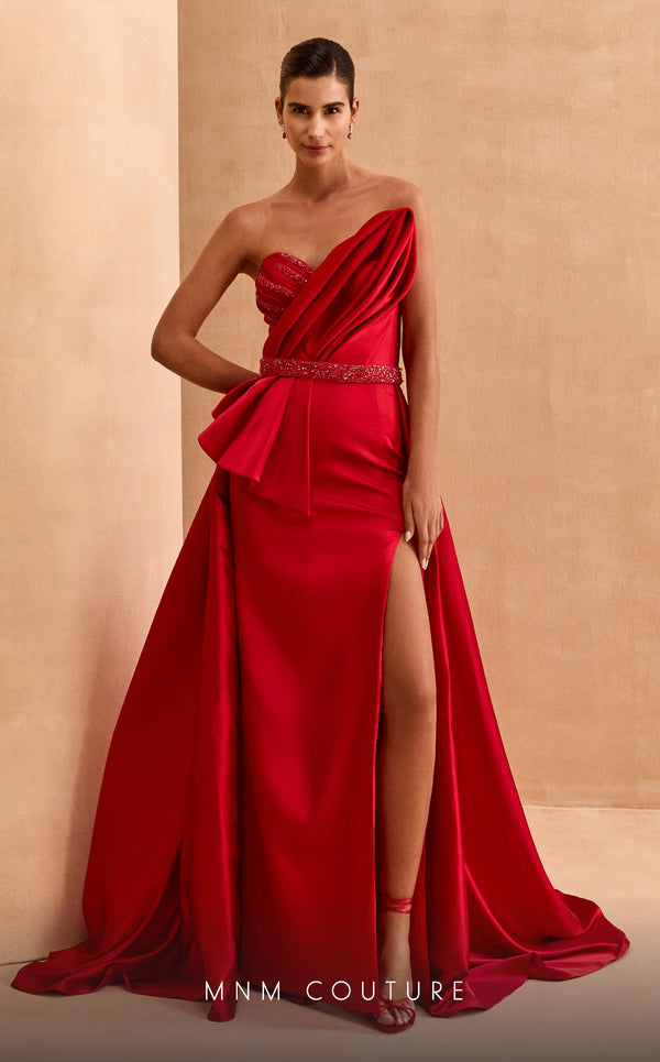 MNM Couture V07353 asymetric sleevless satin column gown with ruffles and beadwork. | Couture Shop LA