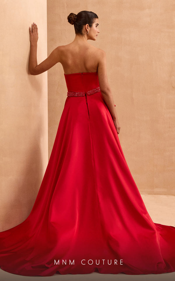 MNM Couture V07353 asymetric sleevless satin column gown with ruffles and beadwork. | Couture Shop LA