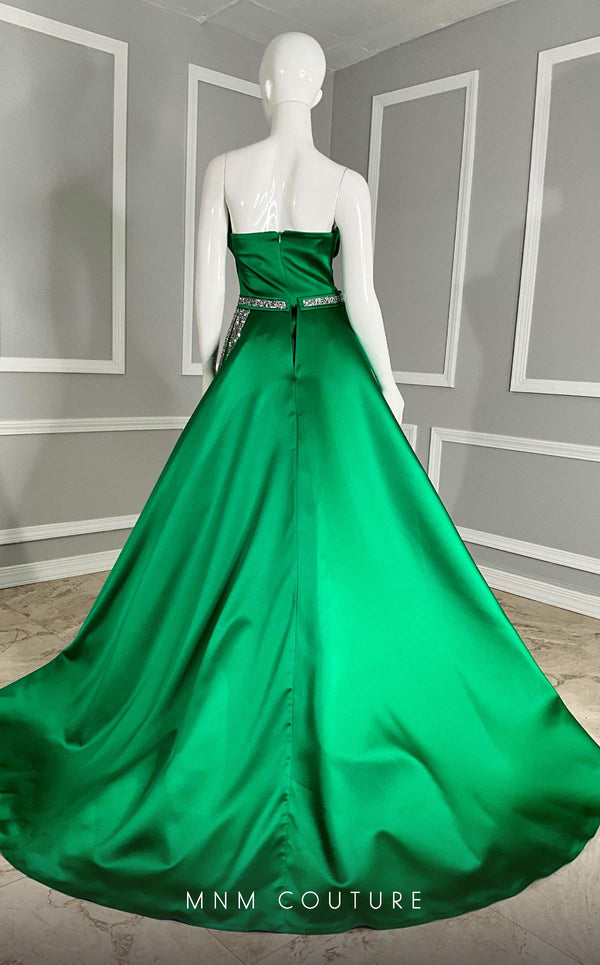 MNM Couture V07353 asymetric sleevless satin column gown with ruffles and beadwork. | Couture Shop LA