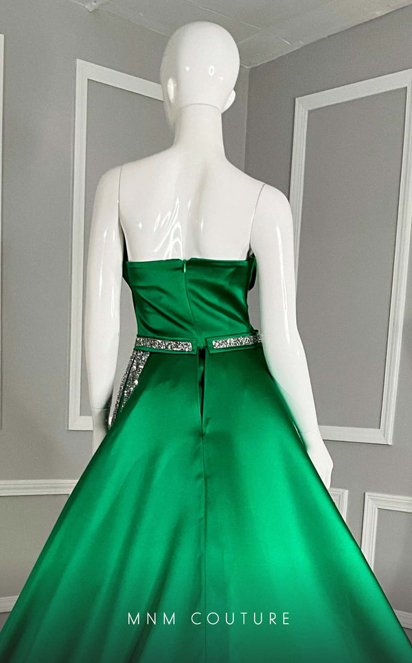 MNM Couture V07353 asymetric sleevless satin column gown with ruffles and beadwork. | Couture Shop LA