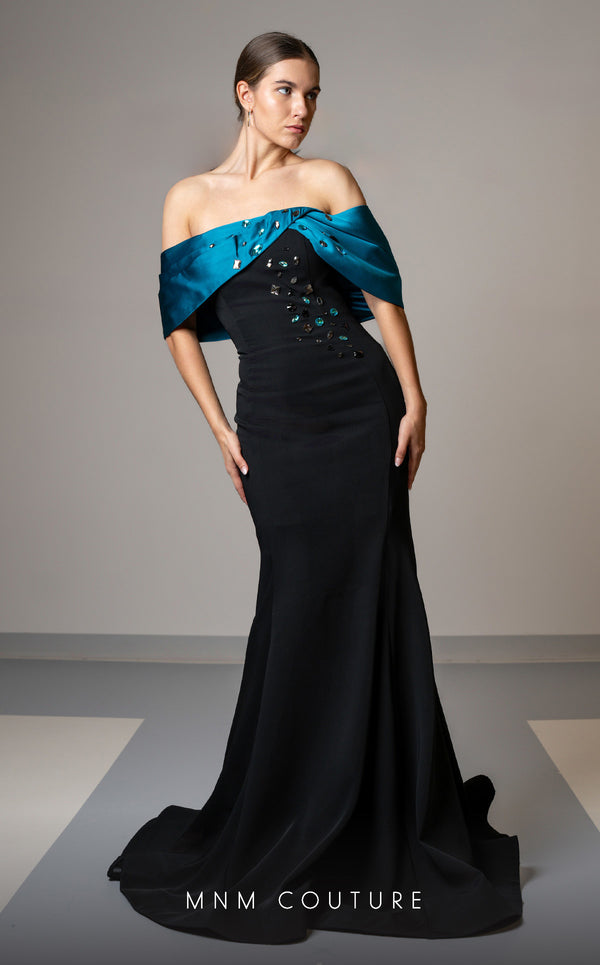 Luxury MNM Couture V07388 cap sleeve mermaid gown with rhinestone detailing. | Couture Shop LA