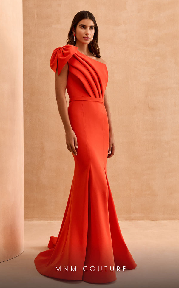 MNM Couture V07402 one-shoulder gown with pleated neckline and bow. | Couture Shop LA