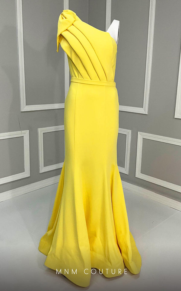 MNM Couture V07402 one-shoulder gown with pleated neckline and bow. | Couture Shop LA