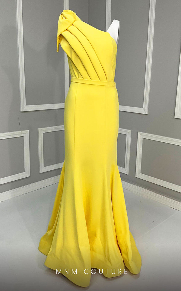 MNM Couture V07402 one-shoulder gown with pleated neckline and bow. | Couture Shop LA