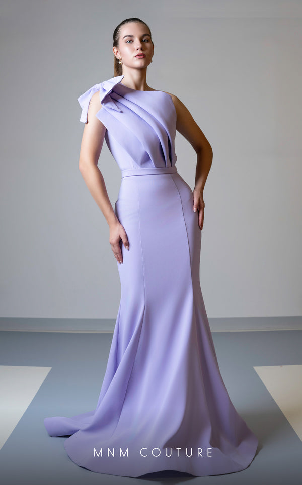 MNM Couture V07402 one-shoulder gown with pleated neckline and bow. | Couture Shop LA