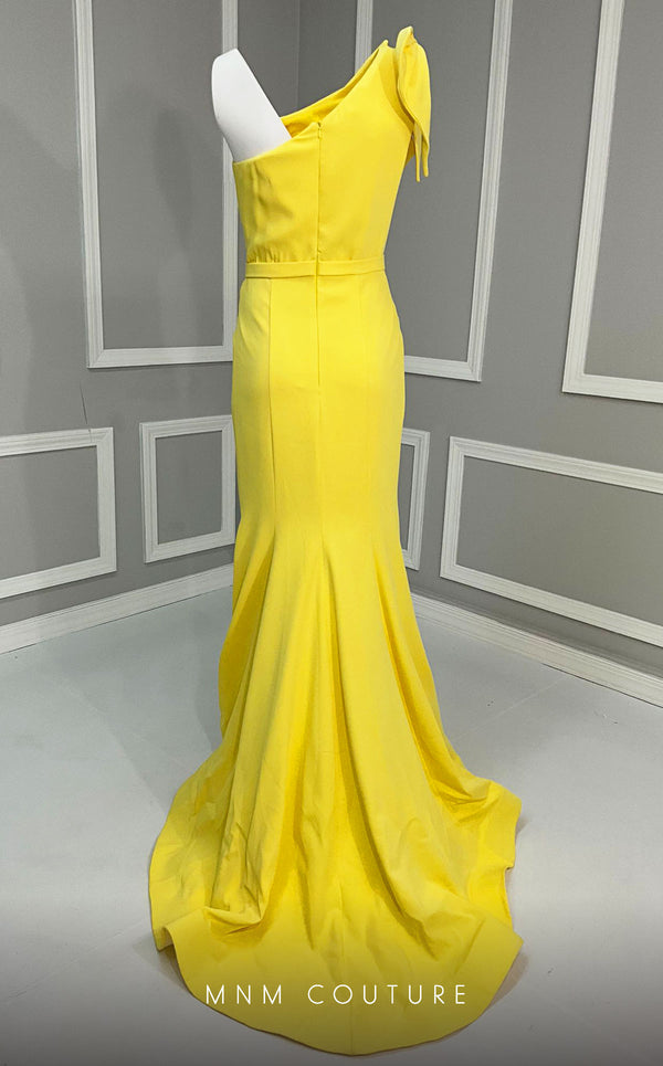 MNM Couture V07402 one-shoulder gown with pleated neckline and bow. | Couture Shop LA