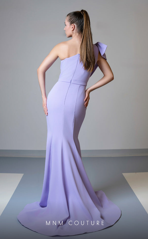 MNM Couture V07402 one-shoulder gown with pleated neckline and bow. | Couture Shop LA