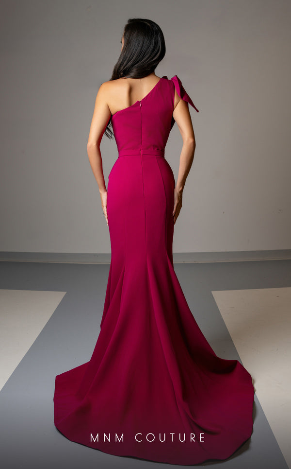 MNM Couture V07402 one-shoulder gown with pleated neckline and bow. | Couture Shop LA