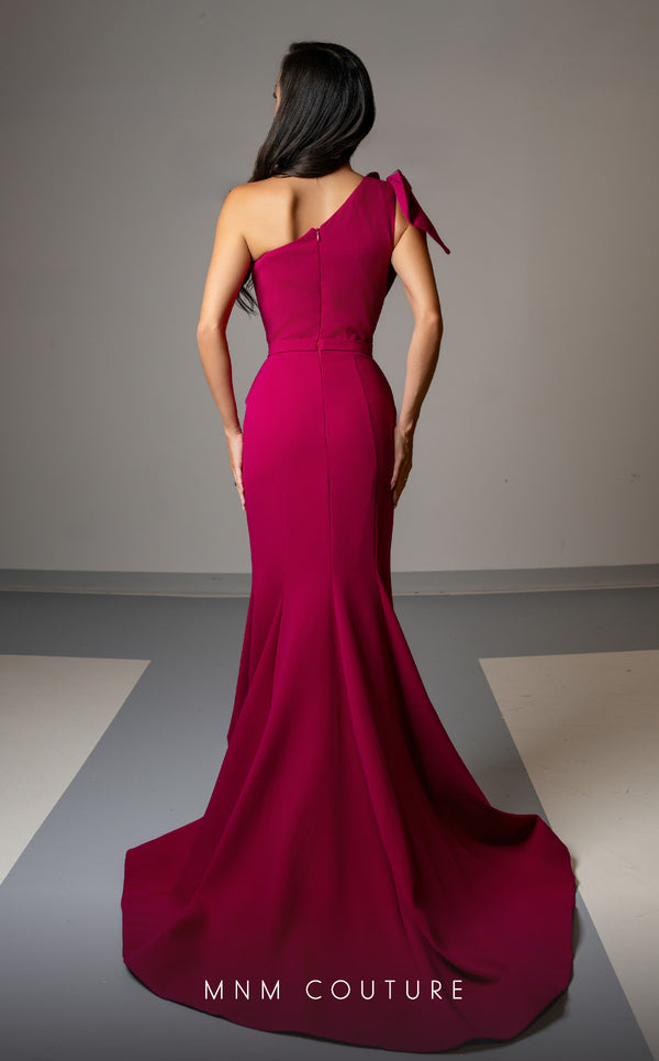 MNM Couture V07402 one-shoulder gown with pleated neckline and bow. | Couture Shop LA