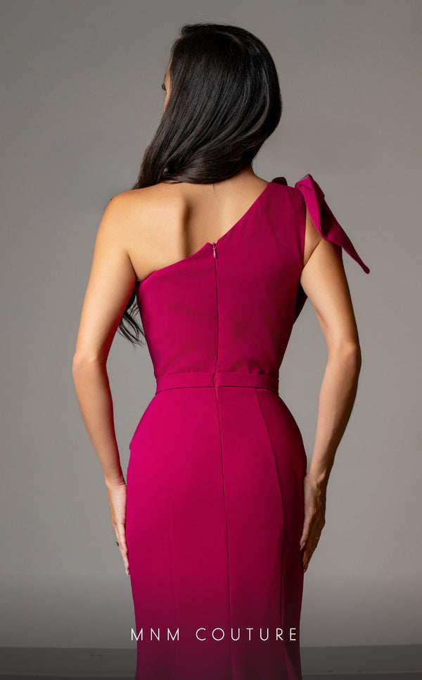 MNM Couture V07402 one-shoulder gown with pleated neckline and bow. | Couture Shop LA