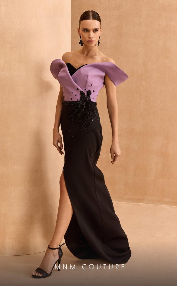 MNM Couture V07428 off-shoulder gown with bead and crystal details. | Couture Shop LA