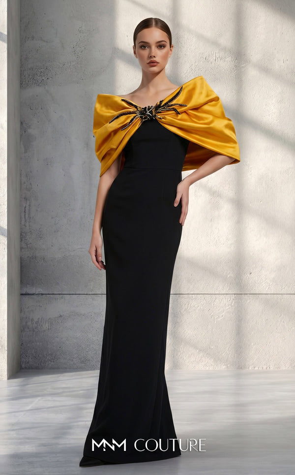 MNM Couture V07508 satin gown with cap sleeves and bow embellishment. | Couture Shop LA