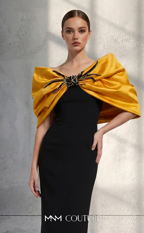 MNM Couture V07508 satin gown with cap sleeves and bow embellishment. | Couture Shop LA