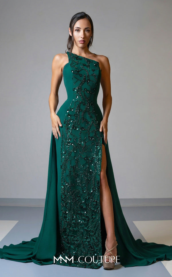 Luxury MNM Couture V07539 asymmetrical embroidered gown with capes. | Couture Shop LA