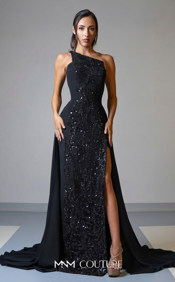 Luxury MNM Couture V07539 asymmetrical embroidered gown with capes. | Couture Shop LA