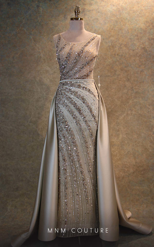 GLAM by MNM Couture V6397 ivory column gown with embroidered silk train and bead embellishments | Couture Shop LA