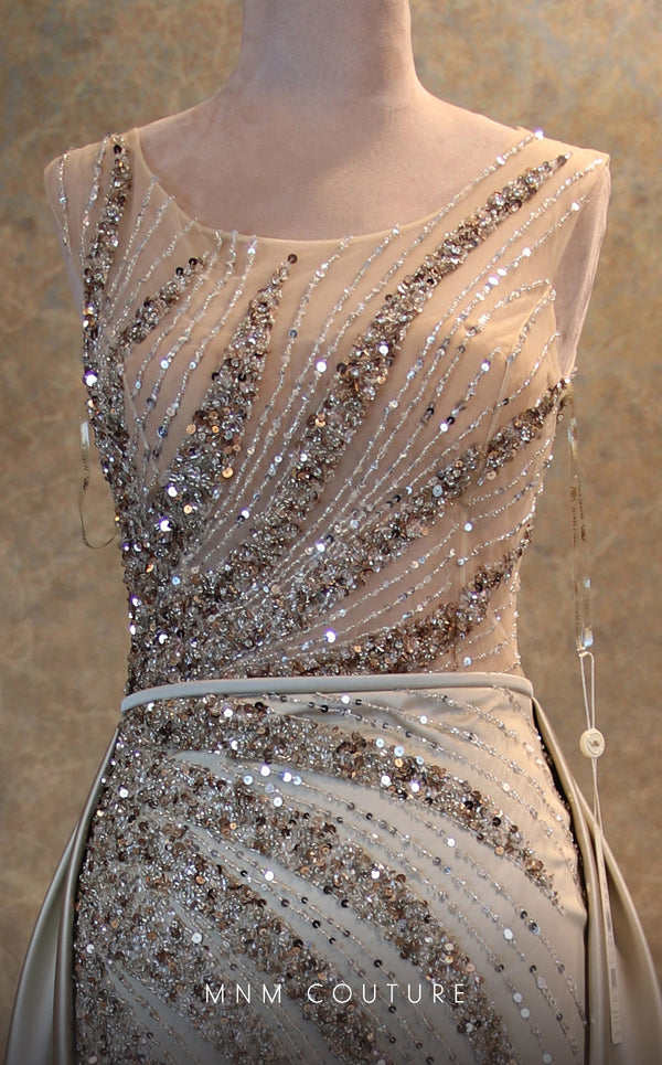 GLAM by MNM Couture V6397 ivory column gown with embroidered silk train and bead embellishments | Couture Shop LA