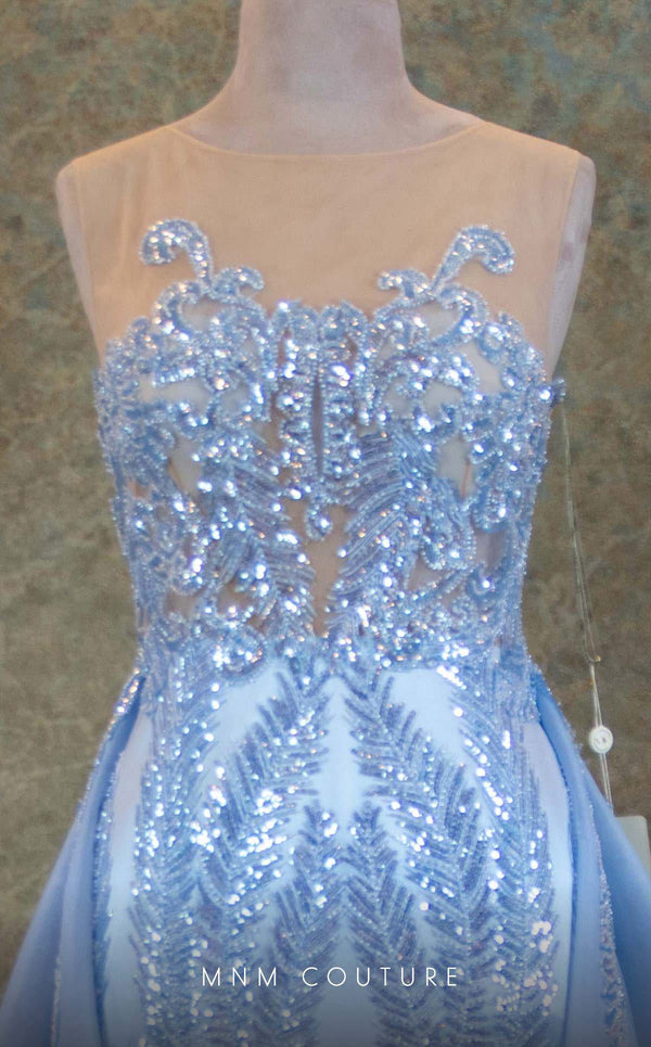 GLAM by MNM Couture V6466 blue column gown with illusion jewel neckline and embellished train | Couture Shop LA