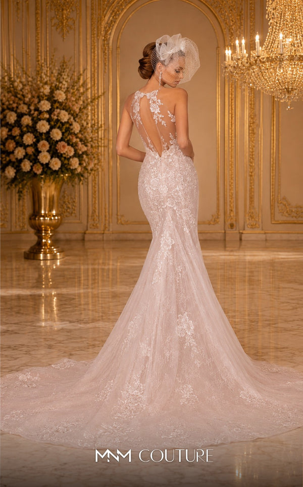 MNM Couture W2100 lace and tulle mermaid gown with halter neckline and deep V-shape design. | Couture Shop LA