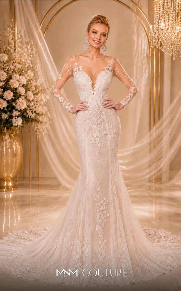 MNM Couture W2101 tulle mermaid gown with lace applique, bead trim, and flowing train. | Couture Shop LA