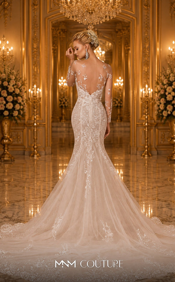 MNM Couture W2101 tulle mermaid gown with lace applique, bead trim, and flowing train. | Couture Shop LA