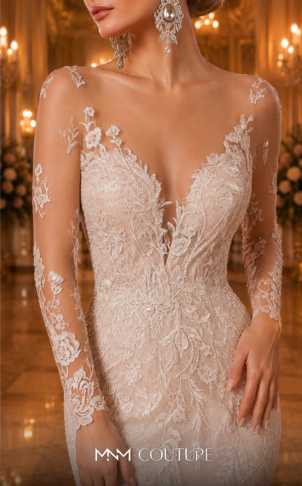 MNM Couture W2101 tulle mermaid gown with lace applique, bead trim, and flowing train. | Couture Shop LA