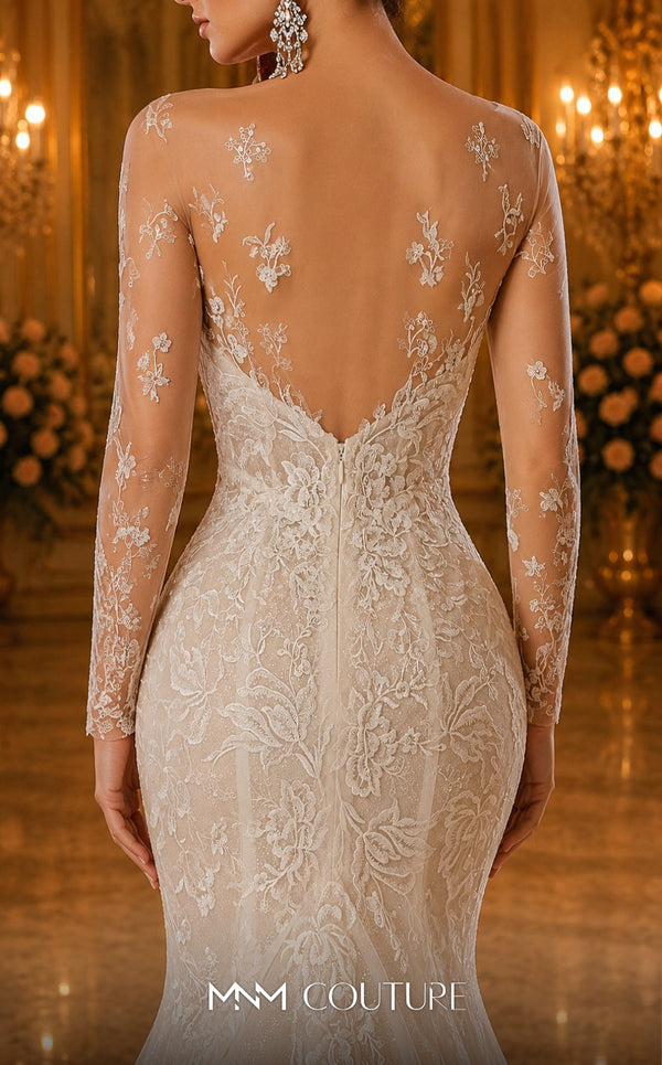 MNM Couture W2101 tulle mermaid gown with lace applique, bead trim, and flowing train. | Couture Shop LA