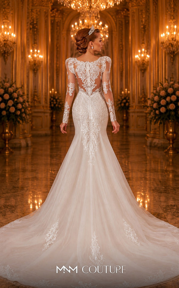 MNM Couture W2102 puffed-sleeve mermaid dress with shiny tulle, lace appliques, and beaded trim. | Couture Shop LA
