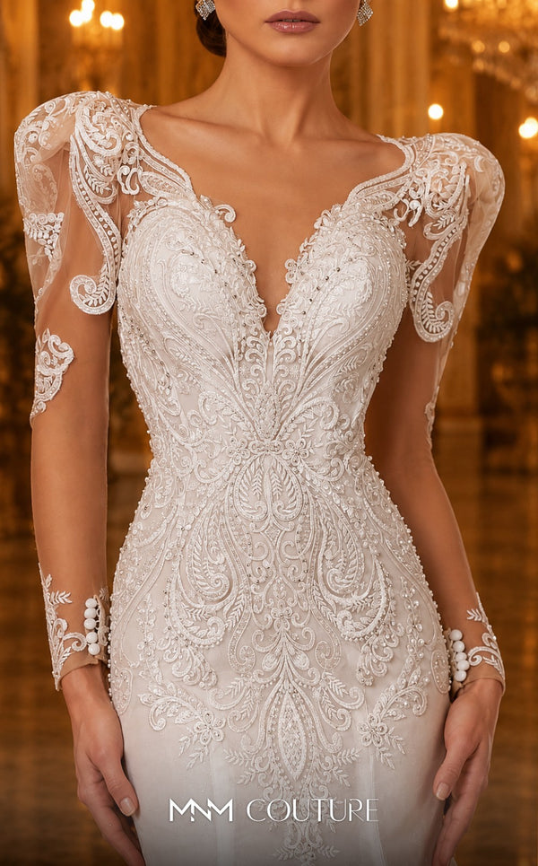 MNM Couture W2102 puffed-sleeve mermaid dress with shiny tulle, lace appliques, and beaded trim. | Couture Shop LA