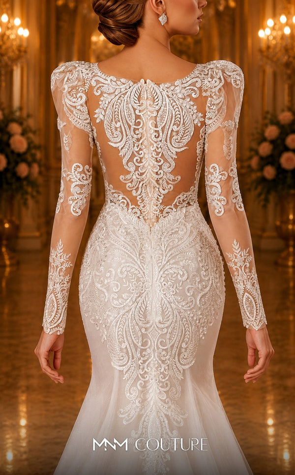 MNM Couture W2102 puffed-sleeve mermaid dress with shiny tulle, lace appliques, and beaded trim. | Couture Shop LA