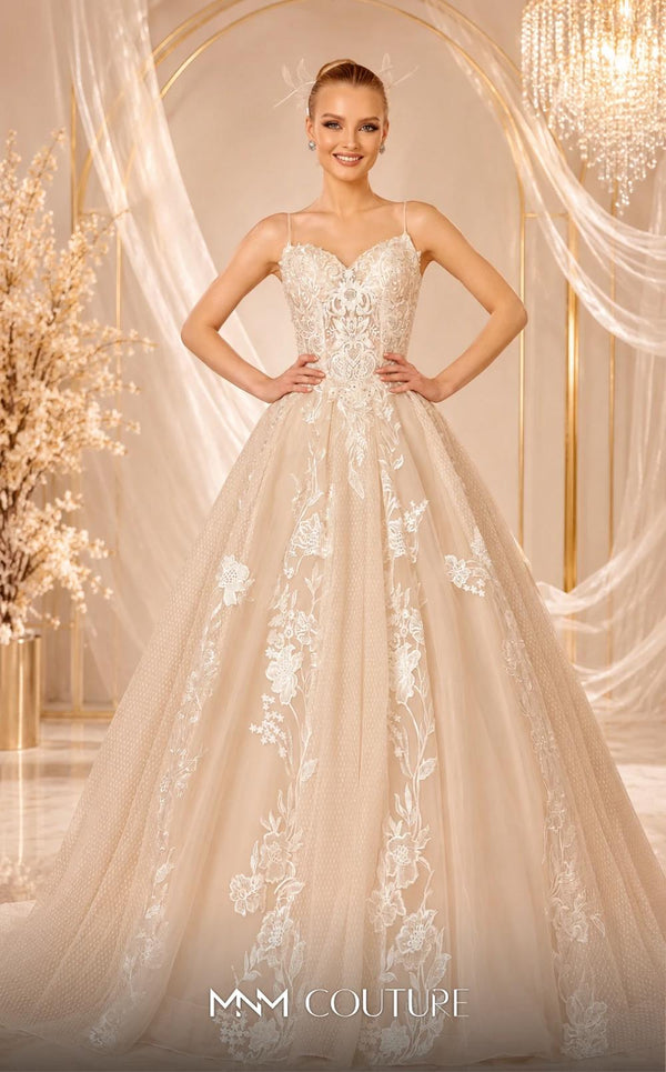 MNM Couture W2103 princess ball gown with tulle, lace appliques, and beaded accents. | Couture Shop LA