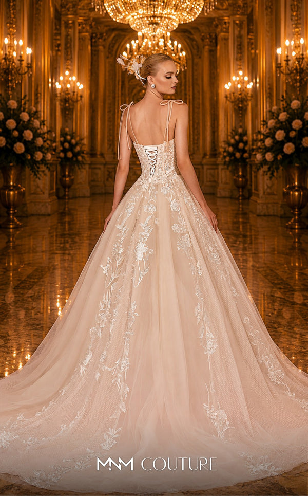 MNM Couture W2103 princess ball gown with tulle, lace appliques, and beaded accents. | Couture Shop LA