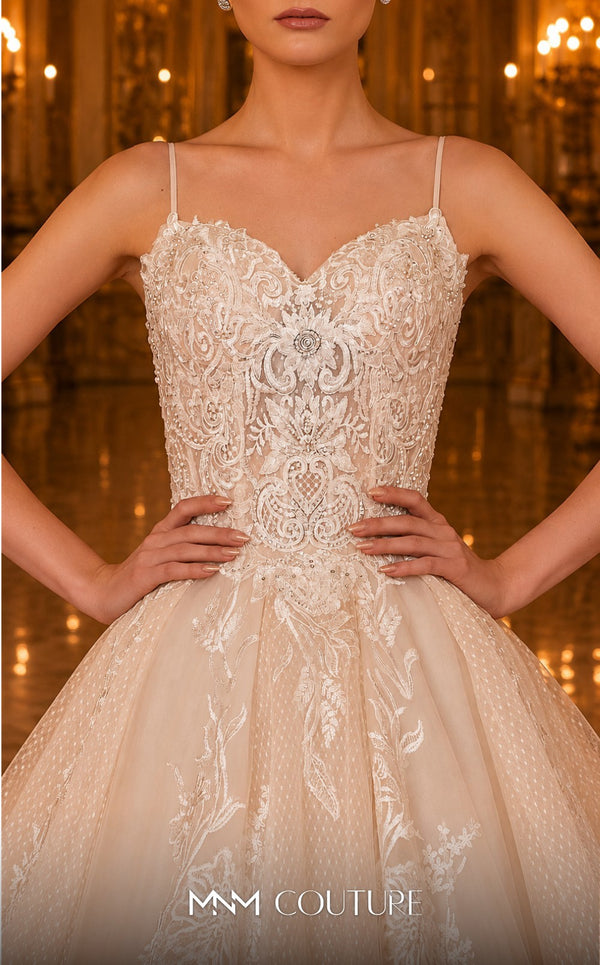 MNM Couture W2103 princess ball gown with tulle, lace appliques, and beaded accents. | Couture Shop LA