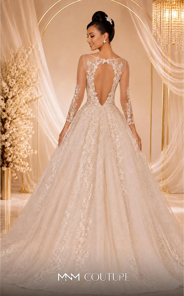 MNM Couture W2104 princess gown with lace applique-trimmed tulle layers and sheer sleeves. | Couture Shop LA
