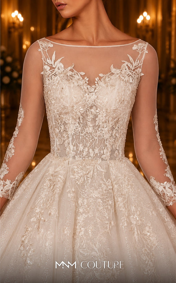 MNM Couture W2104 princess gown with lace applique-trimmed tulle layers and sheer sleeves. | Couture Shop LA