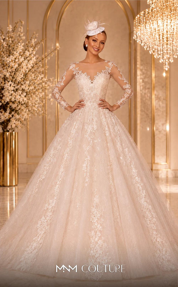 MNM Couture W2105 ball gown with sheer sleeves and lace applique detailing. | Couture Shop LA