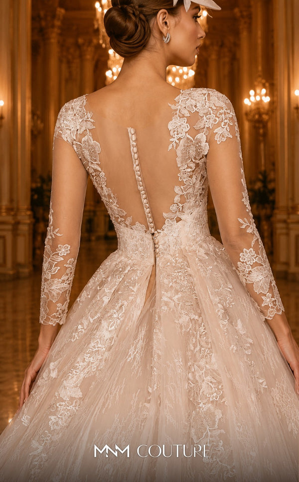 MNM Couture W2105 ball gown with sheer sleeves and lace applique detailing. | Couture Shop LA