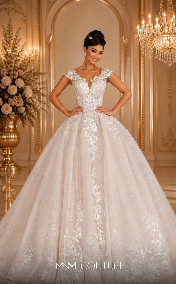 MNM Couture W2109 off-shoulder corset princess gown with lace appliques and layered tulle design. | Couture Shop LA
